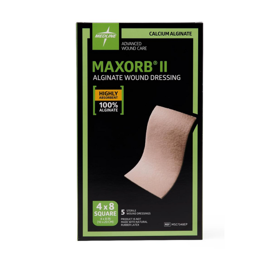 A box of Maxorb II Alginate Wound Dressings - Highly Absorbant contains 5 sterile 4x8 inch 100% calcium alginate dressings for advanced wound care, with product image on the box.